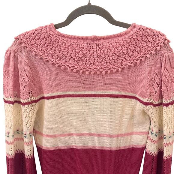 Vintage Ricki Knit Pointelle Tulip Cottagecore Coquette Pink Sweater Sz Medium - Picture 6 of 10